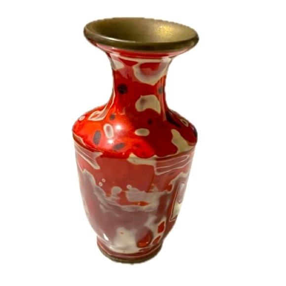 RARE RED WHITE SWIRLS CANTON ENAMEL WITH MOTHER OF PEARL INLAY VASE - Picture 3 of 5